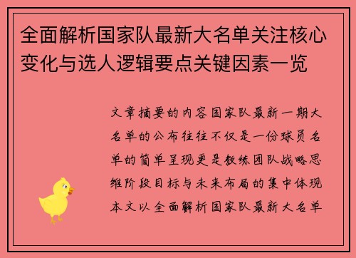 全面解析国家队最新大名单关注核心变化与选人逻辑要点关键因素一览 全面解析国家队最新大名单关注核心变化与选人逻辑要点关键因素一览